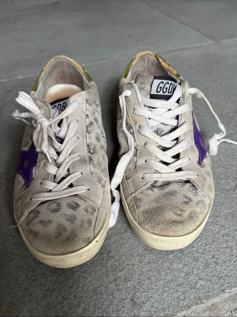 Golden Goose Leopard Suede Sneakers with Purple Star and Gold Heel